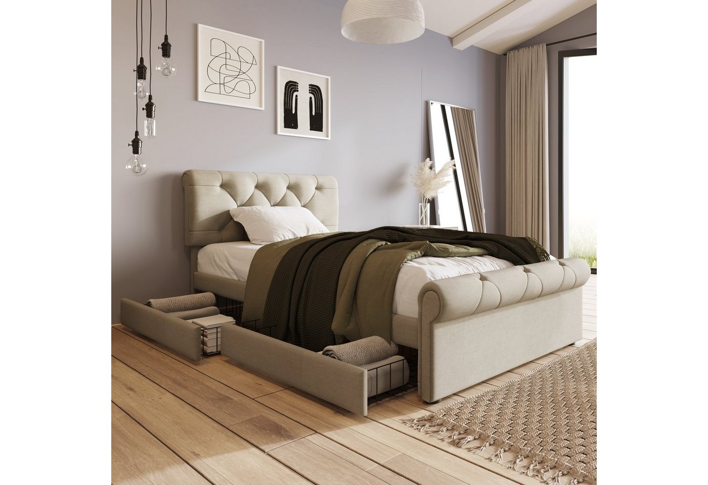 SOFTWEARY Polsterbett (Einzelbett mit Lattenrost und 2 Schubladen, 90x200 cm), Kopfteil höhenverstellbar, Leinen von SOFTWEARY