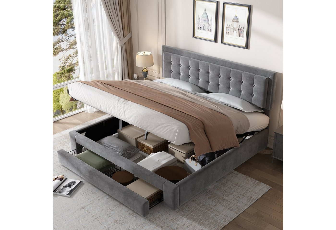 SOFTWEARY Polsterbett Doppelbett mit Lattenrost, Bettkasten und Schubladen (180x200 cm), Kopfteil höhenverstellbar, Samt von SOFTWEARY