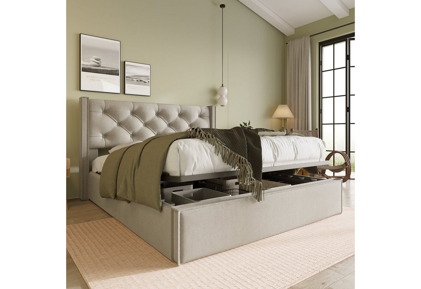 SOFTWEARY Polsterbett Doppelbett mit Lattenrost und Bettkasten (160x200 cm), Kopfteil mit seitlichen Ohren, Leinen von SOFTWEARY