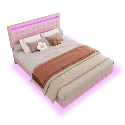 SOFTWEARY Polsterbett in schwebender Optik, Doppelbett mit LED-Beleuchtung und Lattenrost, Kunstleder (rosa, 140x200 cm) von SOFTWEARY