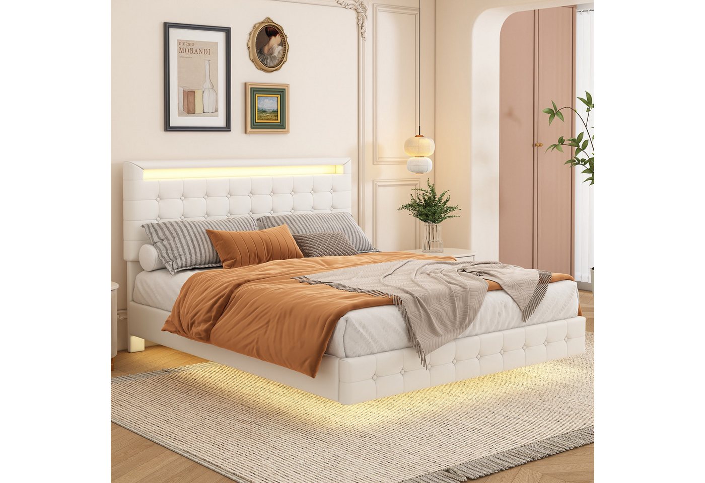 SOFTWEARY Polsterbett in schwebender Optik (140x200 cm), Doppelbett mit LED-Beleuchtung und Lattenrost, Kunstleder von SOFTWEARY