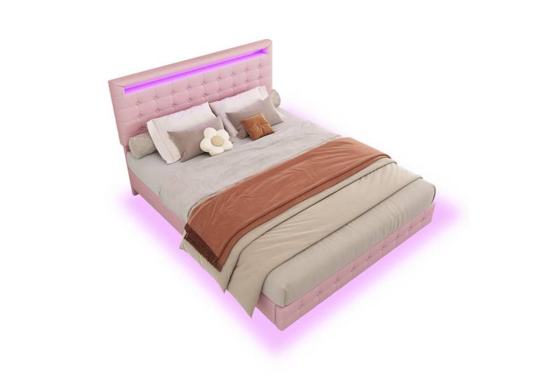 SOFTWEARY Polsterbett in schwebender Optik (140x200 cm), Doppelbett mit LED-Beleuchtung und Lattenrost, Kunstleder von SOFTWEARY