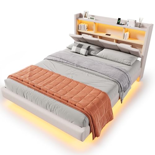 SOFTWEARY Polsterbett mit LED-Beleuchtung, Kopfteil mit Regal, Doppelbett mit Lattenrost, Leinenbezug (beige, 140x200 cm) von SOFTWEARY