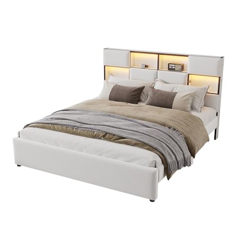 SOFTWEARY Polsterbett mit LED-Beleuchtung, Kopfteil mit Regal, Doppelbett mit Lattenrost, Bezug aus Leinen (beige, 160x200 cm) von SOFTWEARY