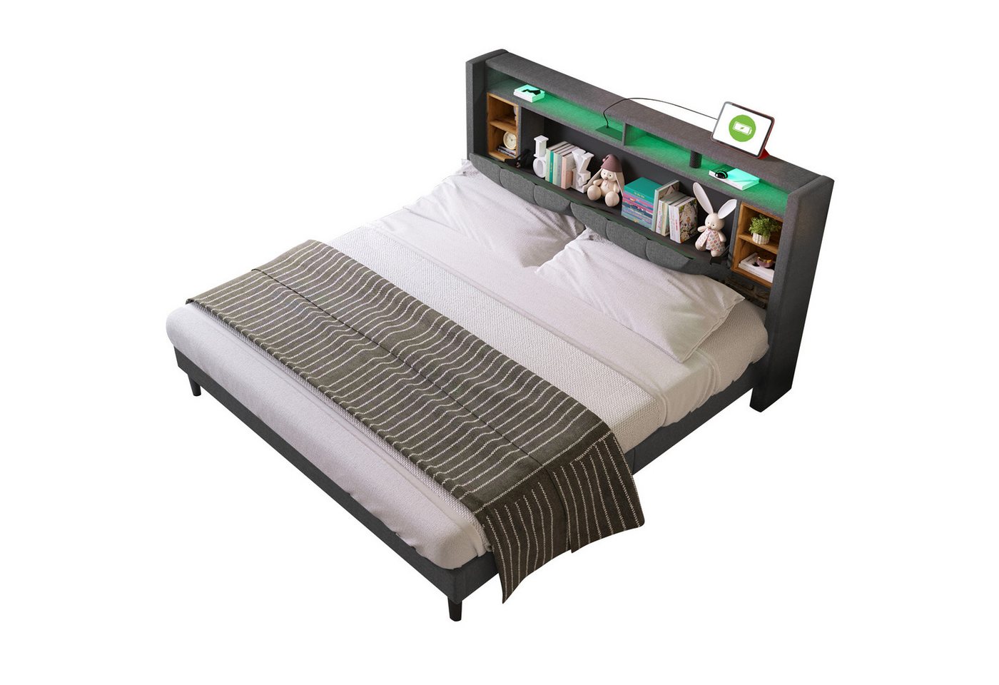 SOFTWEARY Polsterbett mit LED-Beleuchtung (Doppelbett mit Lattenrost, 140x200 cm, 2 USB Anschlüsse und 2 Steckdose), gepolsterter Kopfteil mit Stauraum, Bezug aus Leinen von SOFTWEARY