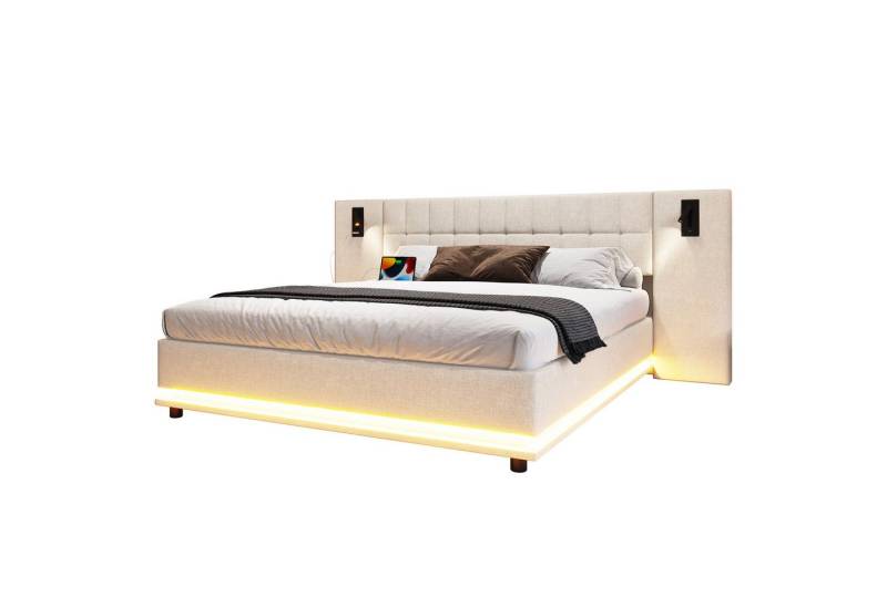 SOFTWEARY Polsterbett mit LED-Beleuchtung und Lattenrost (180x200 cm), gepolsterter Kopfteil, USB Anschlüssen, Doppelbett, Leinen von SOFTWEARY