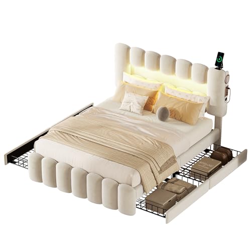 Polsterbett mit LED-Beleuchtung, Lautsprecher, Schubladen und Kopfteil, Doppelbett, Samt (beige, 140x200 cm) von SOFTWEARY