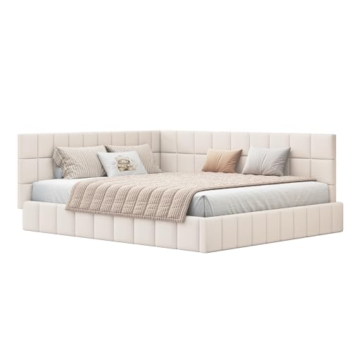 SOFTWEARY Polsterbett mit Lattenrost, Kopfteil und Rückenlehne, Bezug aus Samt, Doppelbett (beige, 160x200 cm) von SOFTWEARY