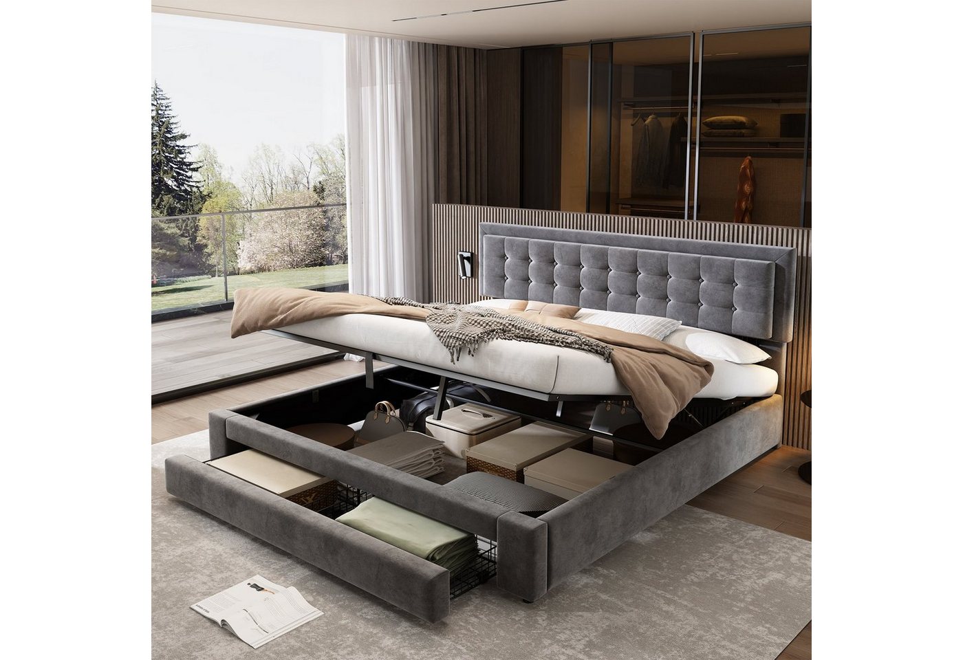 SOFTWEARY Polsterbett mit Lattenrost und Bettkasten (180x200 cm), Doppelbett, Kopfteil höhenverstellbar, Samt von SOFTWEARY