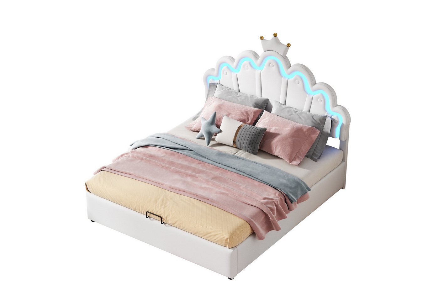 SOFTWEARY Prinzessinbett mit Lattenrost und LED-Beleuchtung (140x200 cm), Mädchenbett, Polsterbett für Mädchen, Stauraumbet, Kunstleder von SOFTWEARY