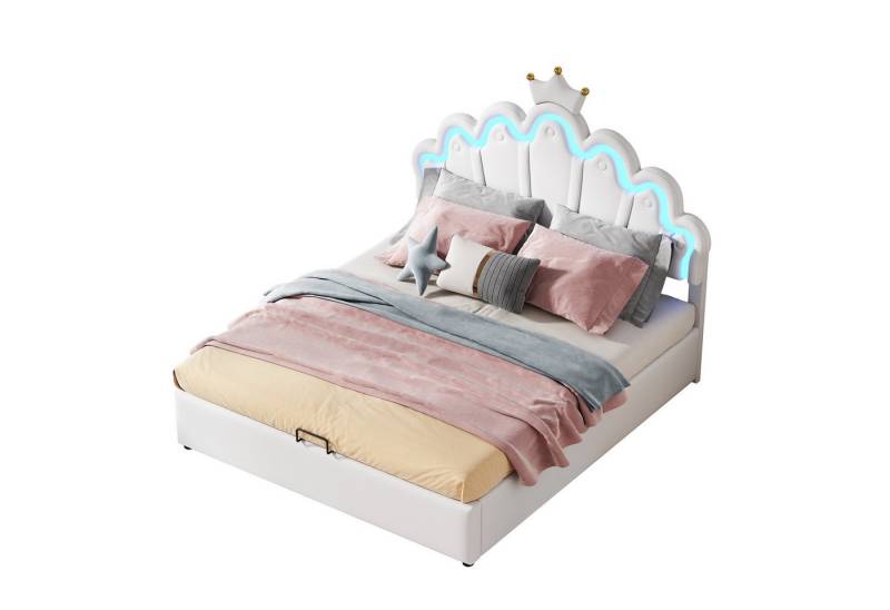 SOFTWEARY Prinzessinbett mit Lattenrost und LED-Beleuchtung (140x200 cm), Mädchenbett, Polsterbett für Mädchen, Stauraumbet, Kunstleder von SOFTWEARY