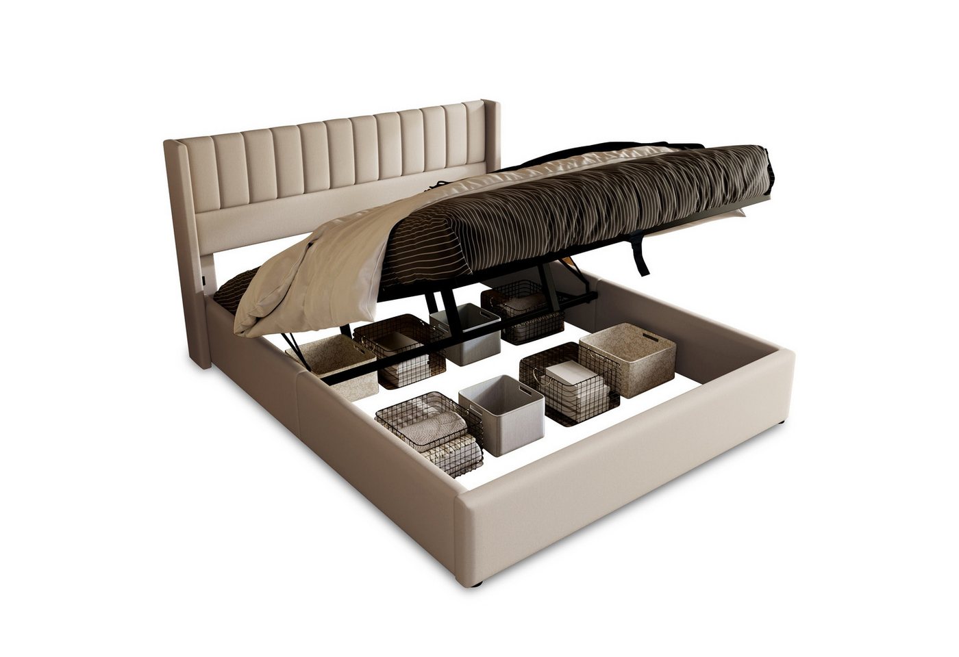 SOFTWEARY Polsterbett mit Lattenrost und Stauraum (180x200 cm), gepolsterter Kopfteil, Doppelbett, Leinen von SOFTWEARY