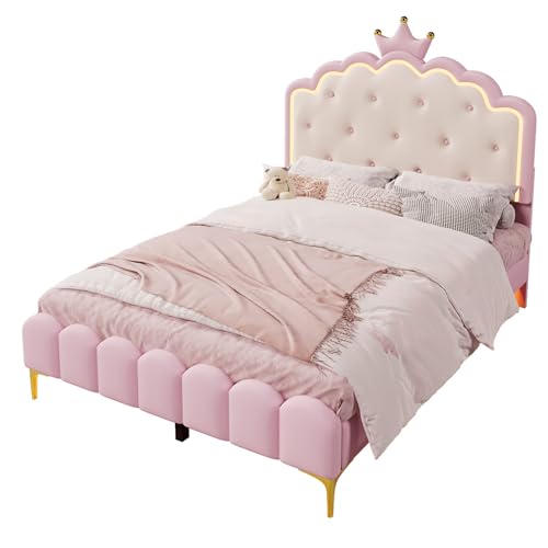 SOFTWEARY Prinzessinbett mit Lattenrost und LED-Beleuchtung, Mädchenbett, Polsterbett für Mädchen, Doppelbett, Kunstleder (rosa, 140x200 cm) von SOFTWEARY