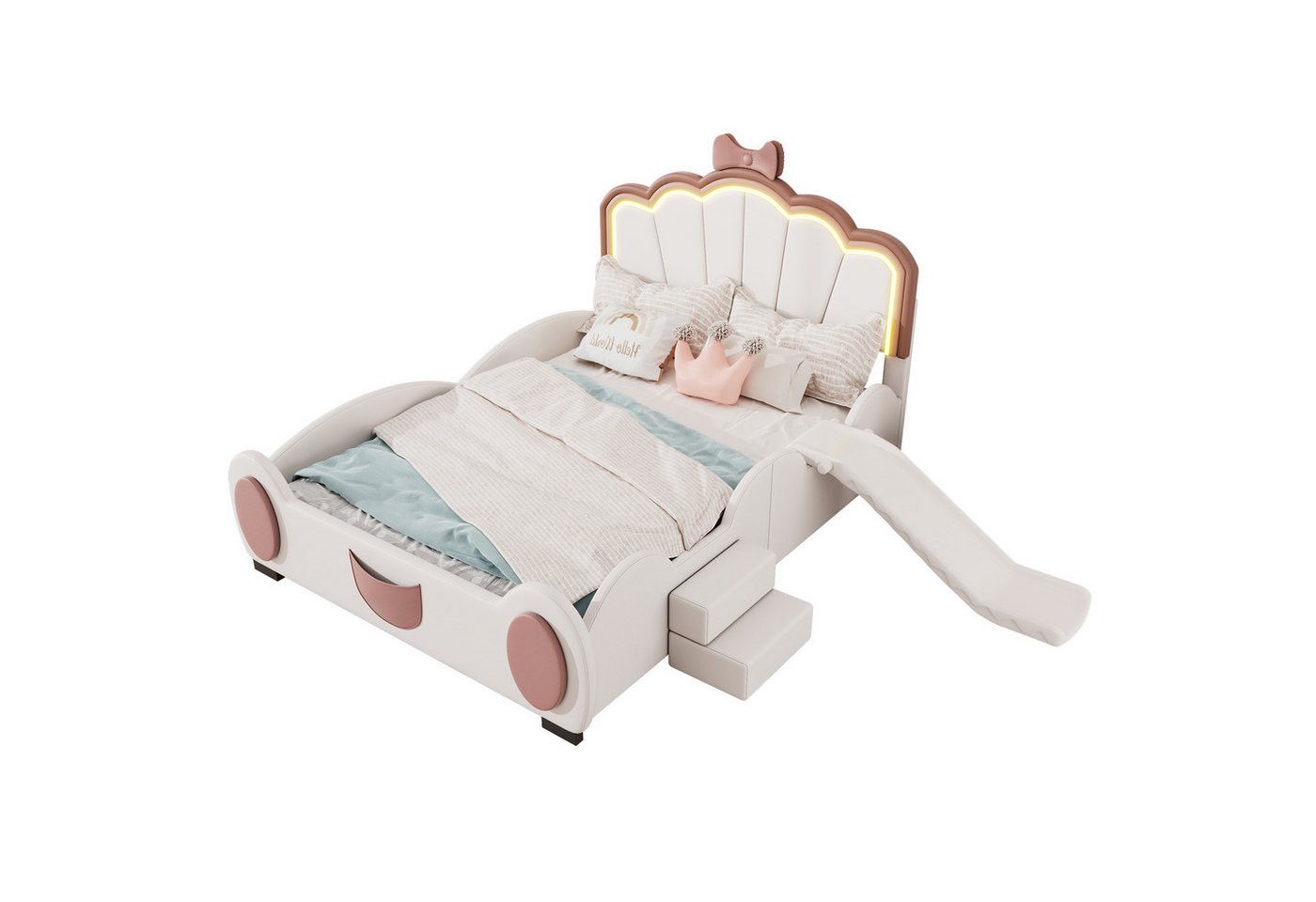 SOFTWEARY Prinzessinbett mit Rutsche und LED-Beleuchtung (140x200 cm), Mädchenbett, Polsterbett für Mädchen, Doppelbett, Kunstleder von SOFTWEARY