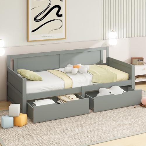 SOFTWEARY Schlafsofa mit Bettfunktion, Lattenrost und Schubladen, Holzbett, Jugendbett, Einzelbett (grau, 90x200 cm) von SOFTWEARY