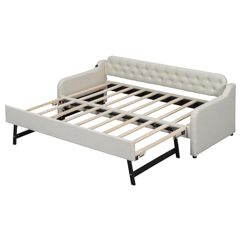 SOFTWEARY Schlafsofa mit Bettfunktion 90x200cm/180x200cm, USB Anschlüssen, Liegefläche erweiterbar, Polsterbett, Jugendbett, Leinen (beige) von SOFTWEARY