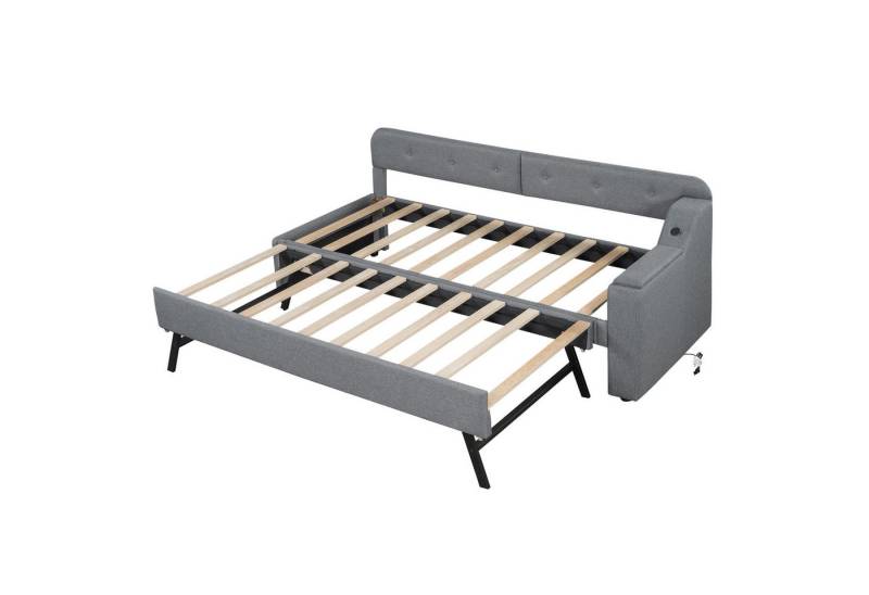 SOFTWEARY Schlafsofa mit Gästebett, 90x200 cm, USB/Typ-C Anschlüssen, Liegefläche von 90 auf 180 cm erweiterbar, Polsterbett, Jugendbett, Bezug aus Leinen von SOFTWEARY