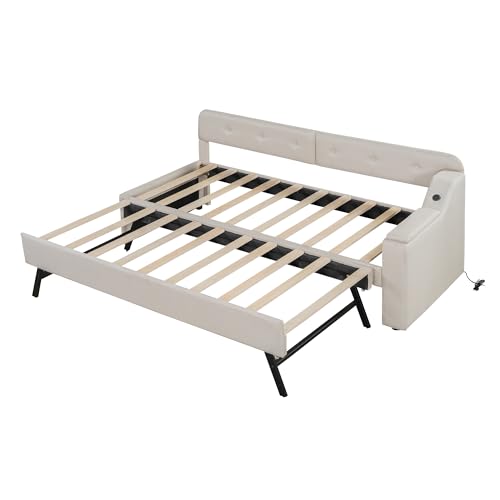 SOFTWEARY Schlafsofa mit Gästebett 90x200 cm, USB/Typ-C Anschlüssen, Liegefläche erweiterbar, Polsterbett, Jugendbett, Leinen (beige) von SOFTWEARY