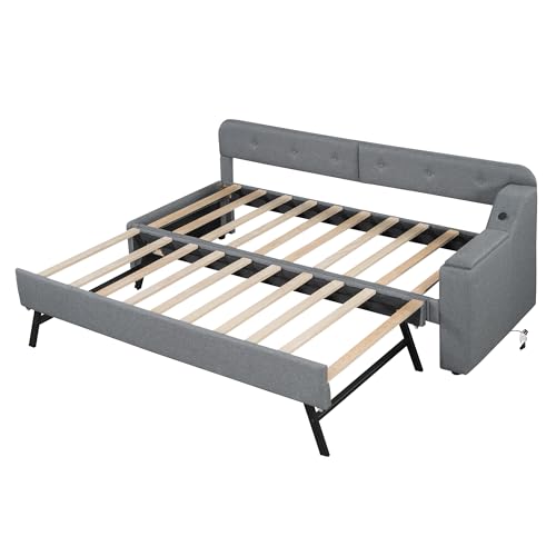 SOFTWEARY Schlafsofa mit Gästebett 90x200 cm, USB/Typ-C Anschlüssen, Liegefläche erweiterbar, Polsterbett, Jugendbett, Leinen (grau) von SOFTWEARY