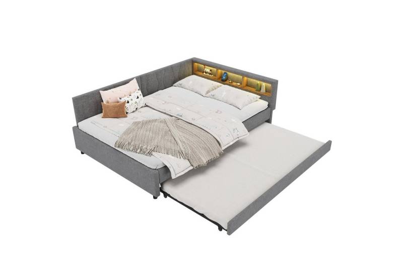 SOFTWEARY Schlafsofa mit LED-Beleuchtung und Gästebett, 140x200 cm, Polsterbett mit Lattenrost und Typ-C Anschlüssen, Doppelbett, Leinen von SOFTWEARY