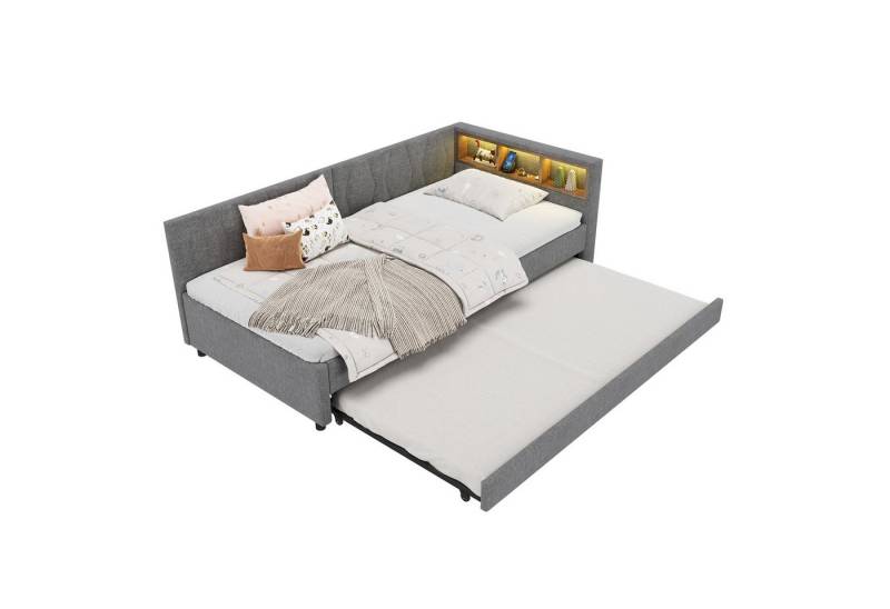 SOFTWEARY Schlafsofa mit LED-Beleuchtung und Gästebett, 90x200 cm, Polsterbett mit Lattenrost und Typ-C Anschlüssen, Einzelbett, Leinen von SOFTWEARY