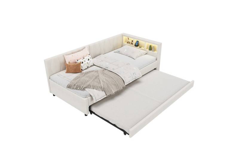 SOFTWEARY Schlafsofa mit LED-Beleuchtung und Gästebett, 90x200 cm, Polsterbett mit Lattenrost und Typ-C Anschlüssen, Einzelbett, Leinen von SOFTWEARY