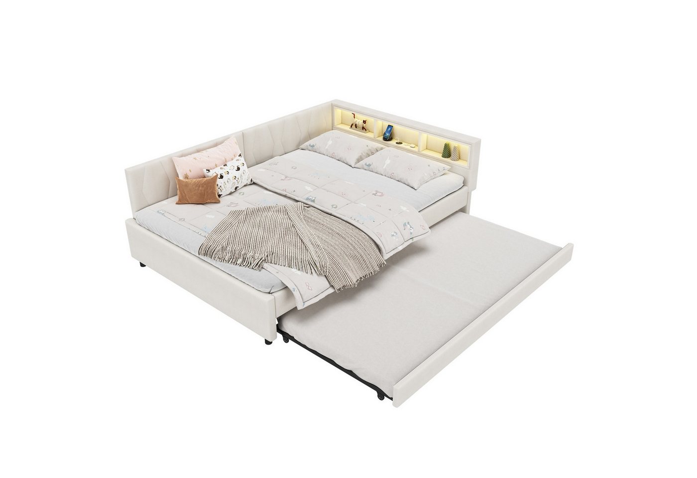 SOFTWEARY Schlafsofa mit LED-Beleuchtung und Gästebett, Polsterbett mit Lattenrost, Regal und Mehrfachsteckdose, 140x200 cm, Doppelbett, Leinen SOFTWEARY Schlafsofa mit LED-Beleuchtung und Gästebett, Polsterbett mit Lattenrost, Regal und Mehrfachsteckdose, 140x200 cm, Doppelbett, Leinen von SOFTWEARY