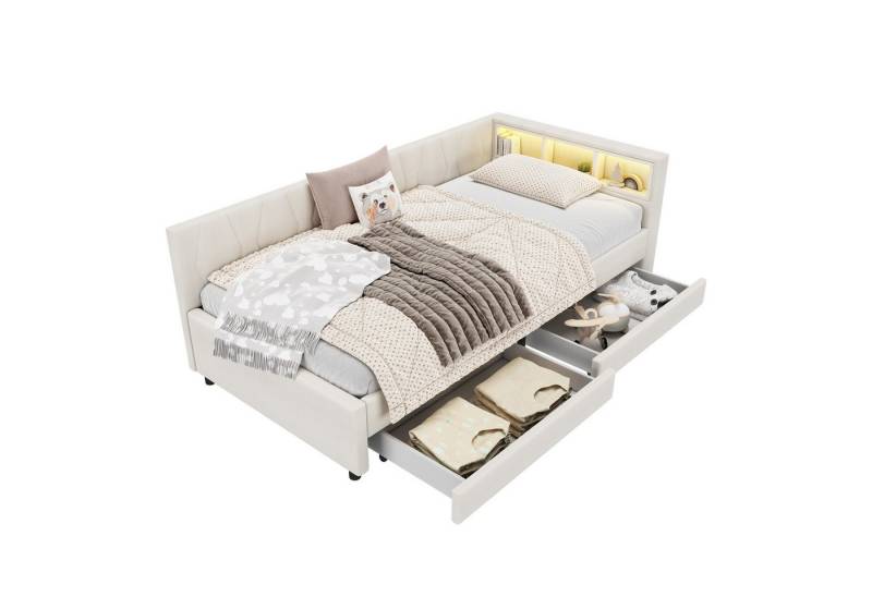 SOFTWEARY Schlafsofa mit LED-Beleuchtung und Schubladen, 90x200 cm, Polsterbett mit Lattenrost und Typ-C Anschlüssen, Einzelbett, Leinen von SOFTWEARY