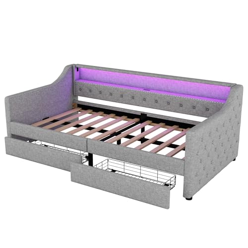 SOFTWEARY Schlafsofa mit LED-Beleuchtung und Schubladen, Polsterbett mit Lattenrost, Einzelbett, Jugendbett, Leinen (grau) von SOFTWEARY