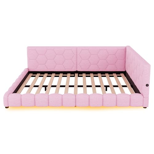 SOFTWEARY Schlafsofa mit Bettfunktion und LED-Beleuchtung, Polsterbett, Doppelbett, Jugendbett, Vlies (rosa, 140x200 cm) von SOFTWEARY