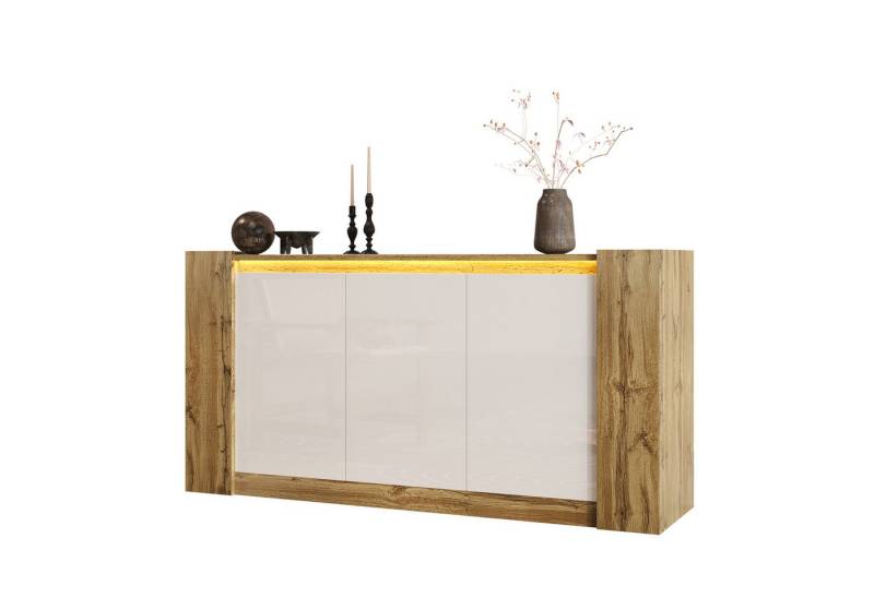SOFTWEARY Sideboard Breite 150 cm (mit LED-Beleuchtung), Wohnzimmerschrank, Mehrzweckschrank, glänzend von SOFTWEARY
