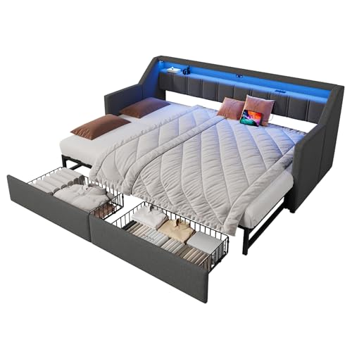 Schlafsofa mit Bettfunktion, Lattenrost, Stauraum, LED-Beleuchtung, Liegefläche erweiterbar, Polsterbett (grau, 90x200cm/180x200cm) von SOFTWEARY