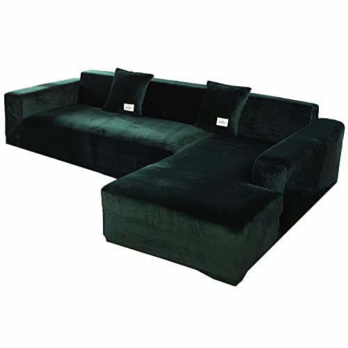 Velvet Plüsch Schonbezug Sofa, rutschfeste Stretch Sofabezug Schonbezug Soft Thick Sofa Protector Für L-förmige Schnittcouch,Dark Green,4 Seater von SOGANI