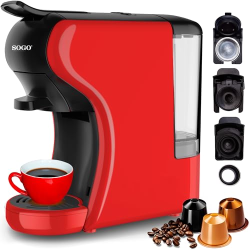 SOGO 3-in-1 Espresso-Kaffeemaschine | Adapter für Kapseln der führenden Marken | gemahlener Kaffee, Kaffeepads, Tee | Druck von 19 Bar | kompakte Größe (SS-5675) (rot) von SOGO