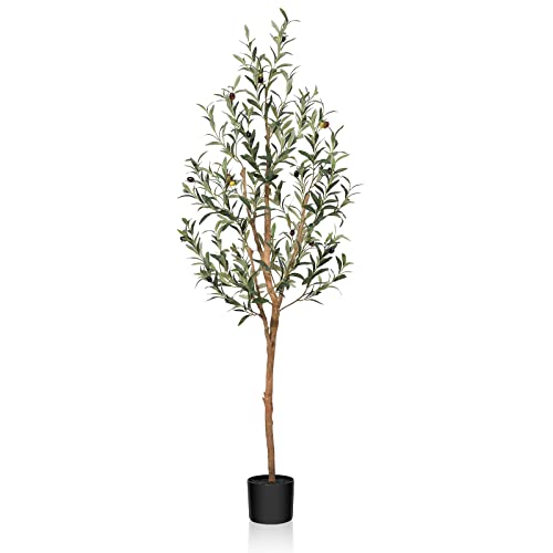 SOGUYI Olivenbaum Künstlich, 150cm Kunstpflanze Olivenbaum mit Naturholzstamm und lebensechten Früchten für die Heim- und Bürodekoration – Große Künstliche Pflanzen für den Innenbereich, 1 Packung von SOGUYI