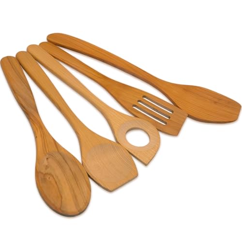 SOHFA 5er Küchenhelfer Holz Set aus Kirschholz | 3x Pfannenwender Set und 2x Kochlöffel im Küchenhelfer Set hitzebeständiges Holz | made in europe – Pfannenwender aus 100% FSC® von SOHFA