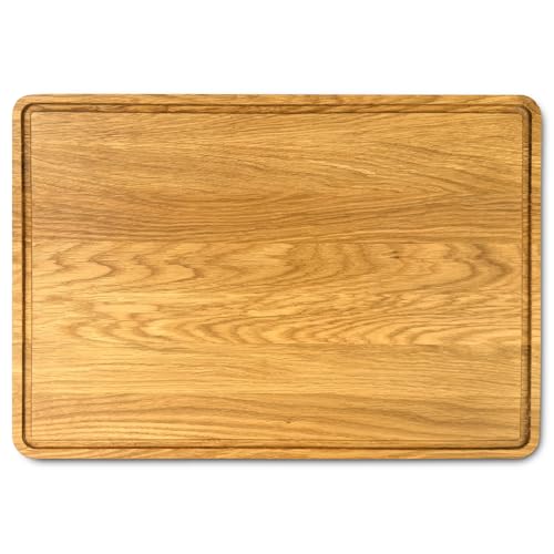SOHFA Schneidebrett aus 100% FSC® zertifizierten europäischen Eichenholz | 43 x 30 x 3cm Holzschneidebrett mit Saftrille und Griffleisten | Holzbrett beidseitig nutzbar aus massiver Eiche von SOHFA
