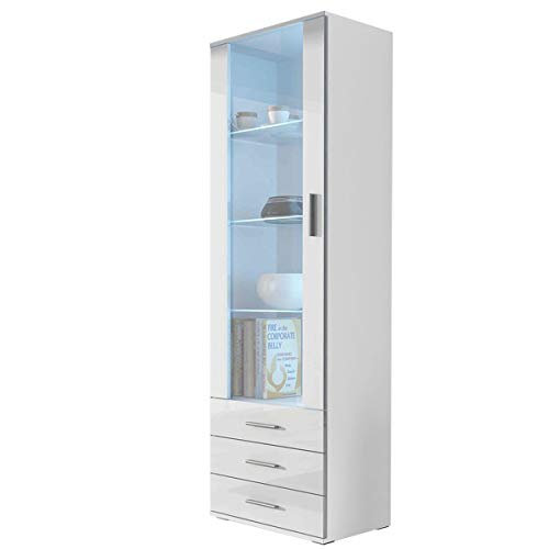 Vitrine mit Blauer LED Beleuchtung SOHO S1 Vitrinenschrank Standvitrine Stauraumvitrine Glasvitrine Schrank Wohnzimmerschran (Weiß/Weiß Hochglanz) von Furniture24