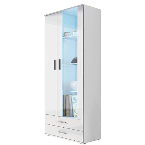 Vitrine mit Blauer LED Beleuchtung SOHO S6 Vitrinenschrank Standvitrine Stauraumvitrine Glasvitrine Schrank Wohnzimmerschrank (Weiß/Weiß Hochglanz) von Furniture24