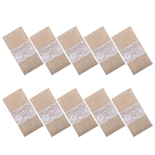 SOIMISS 10 Stück Teiliges Bestecktaschen Hochwertigem Jute material mit Spitzenverzierung Wiederverwendbare Besteckhalter für Gabeln Löffel Messer als Stilvolle Tischdeko für Hochzeit von SOIMISS