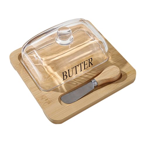SOIMISS 1Satz Butterbehälter mit Holztablett und Kuppelschneider Transparenter Butterbehälter für Kühlschrank Stilvolle Lebensmittelkonservierungsbox für Frische Butter und Käse von SOIMISS