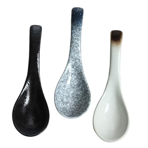 SOIMISS 3 Stück Japanische Keramiklöffel Kurzgriff Suppenlöffel Hitzebeständig Vintage Design Porzellan Esslöffel für Porridge und Suppe in Blau Schwarz von SOIMISS