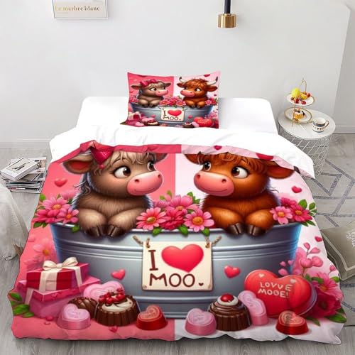 SOJFGSNAJ Pink Hochlandrinder Bettbezug Set Bettwäsche-Sets Kinderbettwäsche Reißverschluss Mit Niedliche TiereKissenbezügen Betten Set Für Jugendliche Kinder Schlafzimmer Single（135x200cm） von SOJFGSNAJ