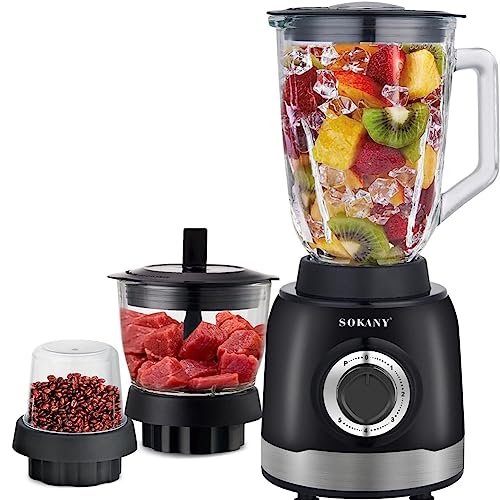 SOKANY 1000W Standmixer und Smoothie Maker, 5 Geschwindigkeitsstufe, 3-in-1[1,5L Glasbehälter Mixer & 0,25L Kaffeemühle & 0,7L Fleisch Zerkleinerer], Edelstahlmesser von SOKANY