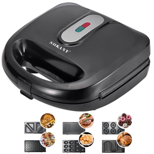 SOKANY 6-in-1 Multifunktionsgerät 750W (Sandwich Maker, Waffeleisen, Kontaktgrill, Donut Maker und mehr) Antihaftbeschichtete Platten, Doppelseitiges Backen, Automatische Temperaturregelung von SOKANY