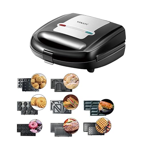 SOKANY 8-IN-1 Multifunktionsgerät 750W [ Sandwichmaker, Waffeleisen, Kontaktgrill, Donut Maker, Hot Dog, Walnut, Cookies, Madeline Cake ] 8 Antihaftbeschichtete Platten, leichte Reinigung von SOKANY