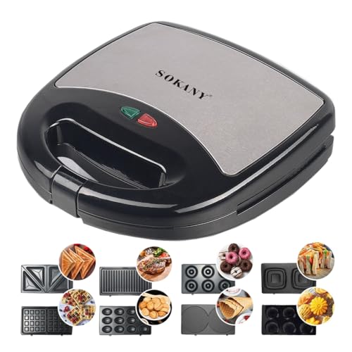 SOKANY 8 IN 1 Multifunktionsgerät 800W [ Sandwichmaker, Waffeleisen, Kontaktgrill, Gemusterte Backform, Laib, Donut, Steak-Grill, Eistütenhalter ] 8 Antihaftbeschichtete Platten, leichte Reinigung von SOKANY