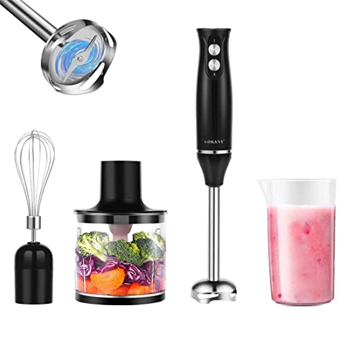 SOKANY Stabmixer Edelstahl 500W, 2 Geschwindigkeit Pürierstab, [4in1: Pürierstab/Zerkleinerer, Mixer- & Schneebesenaufsatz, Messbecher] Hand Blender für Babynahrung, Kartoffelpüree, Joghurt und Gemüse von SOKANY