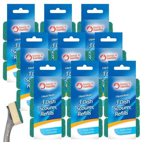 SOL 27 Stück Schwamm-Nachfüllköpfe für Flüssigkeitsgriffbürste – Spülmopp-Stil, Spülschrubber mit rosa und grünem Topfreiniger und weißem Kunststoffsockel, 3 x 9 Packungen für die Reinigung von Küche von SOL