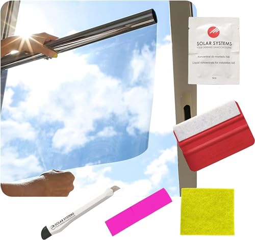 Solar Systems Fensterfolie Sonnenschutzfolie für Wärmeisolierung mit Montagekit - Anti-UV Solarfolie für den Außenbereich - Silber Spiegelfolie Selbstklebend - Hält die Wärme im Gebäude (100 x 300cm) von SOLAR SYSTEMS